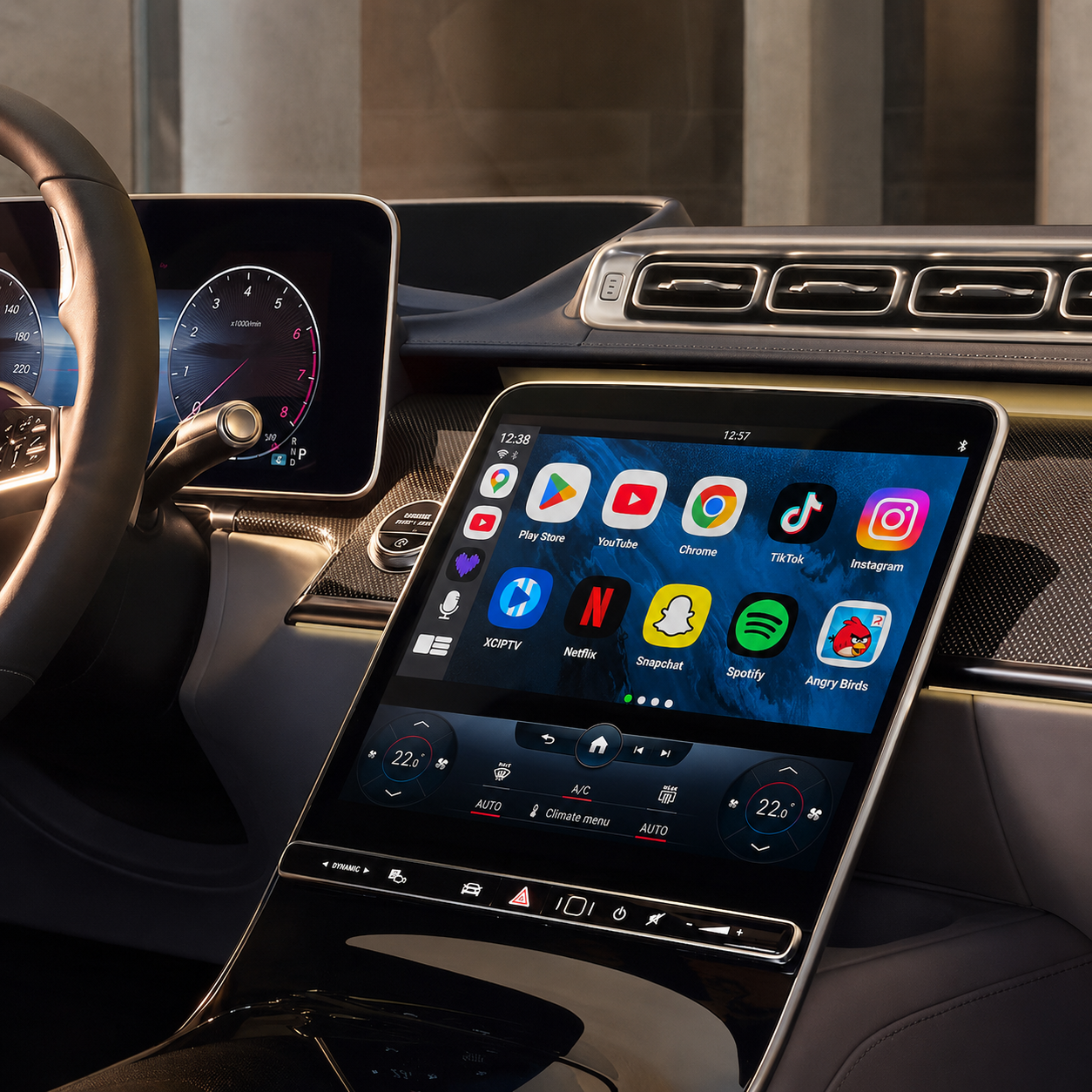 Grille d'applications sur l'écran CarPlay - Netflix, YouTube, Spotify, TikTok